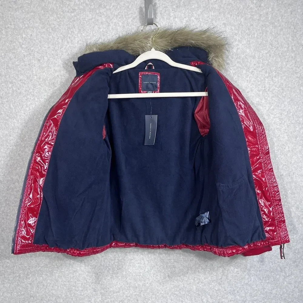 Tommy Hilfiger Girls Puffer Jacket 12/14‎ Lg Red High Shine Chevron Scarlet Logo
